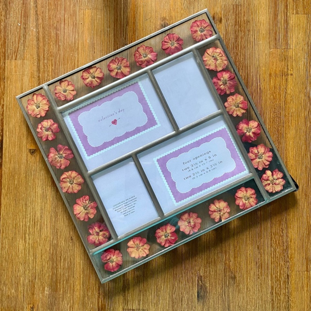 Vintage Dried Pressed Orange Flower 4-Part Picture Frame, Cottagecore Frame